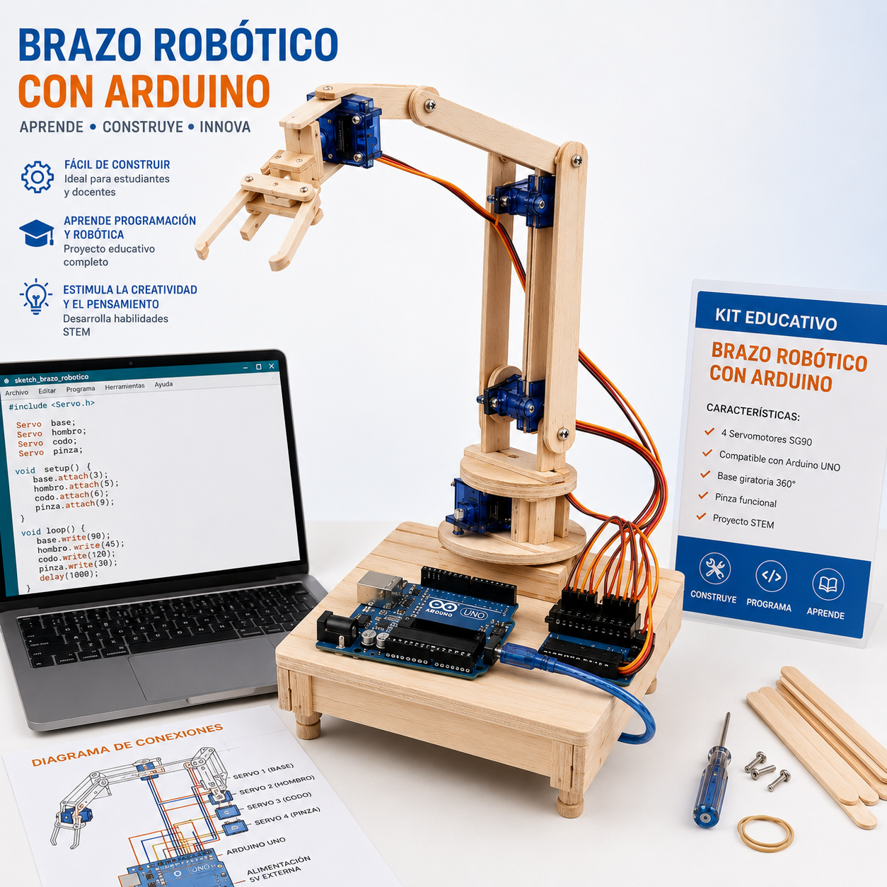 Brazo robótico: Conexiones, programa y archivo 3D